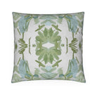 Luxury sage green and powder blue botanical pillow with large-scale floral pattern inspired by Alaska wildflowers, handcrafted in England and styled for contemporary and traditional interiors.