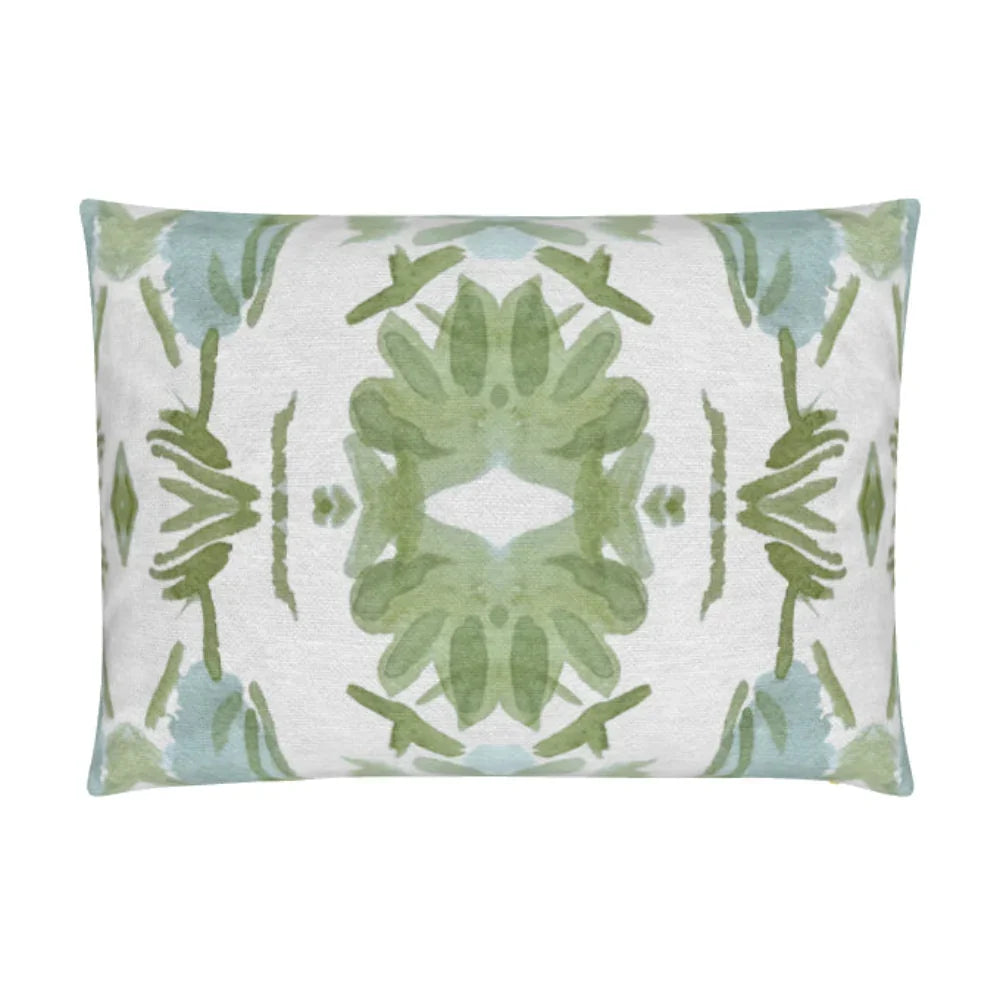Luxury sage green and powder blue botanical pillow with large-scale floral pattern inspired by Alaska wildflowers, handcrafted in England and styled for contemporary and traditional interiors.