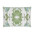 Luxury sage green and powder blue botanical pillow with large-scale floral pattern inspired by Alaska wildflowers, handcrafted in England and styled for contemporary and traditional interiors.