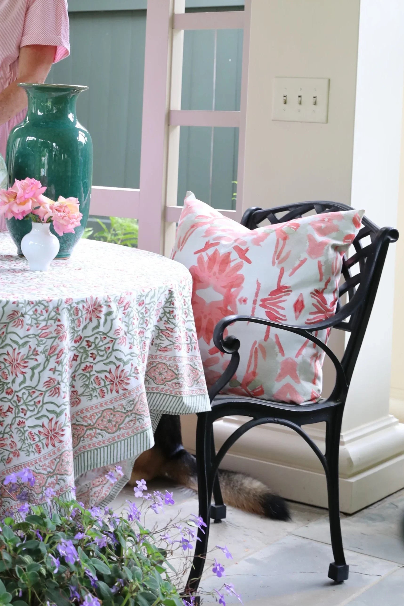 Wildflowers I Strawberry luxury decorative pillow featuring a large-scale abstract floral pattern in rich strawberry pink and red tones, handcrafted in England for luxury living rooms, designer-curated interiors, layered bedrooms, and modern traditional homes.