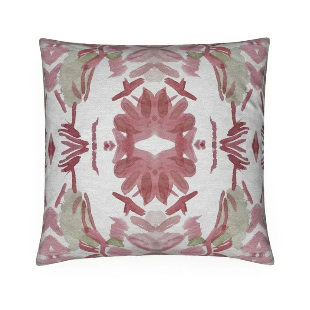 Wildflowers I Strawberry luxury decorative pillow featuring a large-scale abstract floral pattern in rich strawberry pink and red tones, handcrafted in England for luxury living rooms, designer-curated interiors, layered bedrooms, and modern traditional homes.