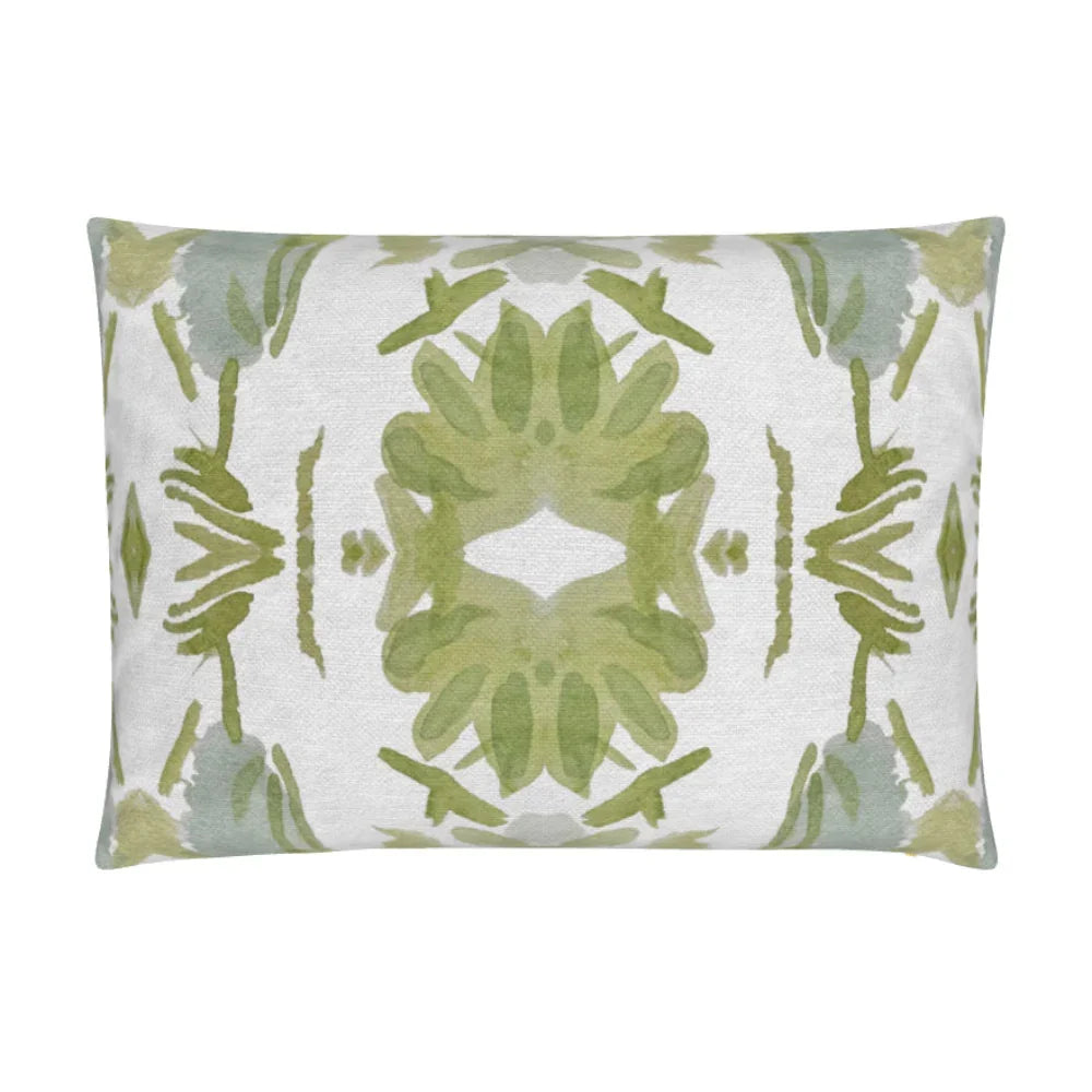 Luxury white and apple green botanical pillow with large-scale floral pattern inspired by Alaska wildflowers, handcrafted in England for contemporary and traditional interiors.