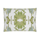 Luxury white and apple green botanical pillow with large-scale floral pattern inspired by Alaska wildflowers, handcrafted in England for contemporary and traditional interiors.