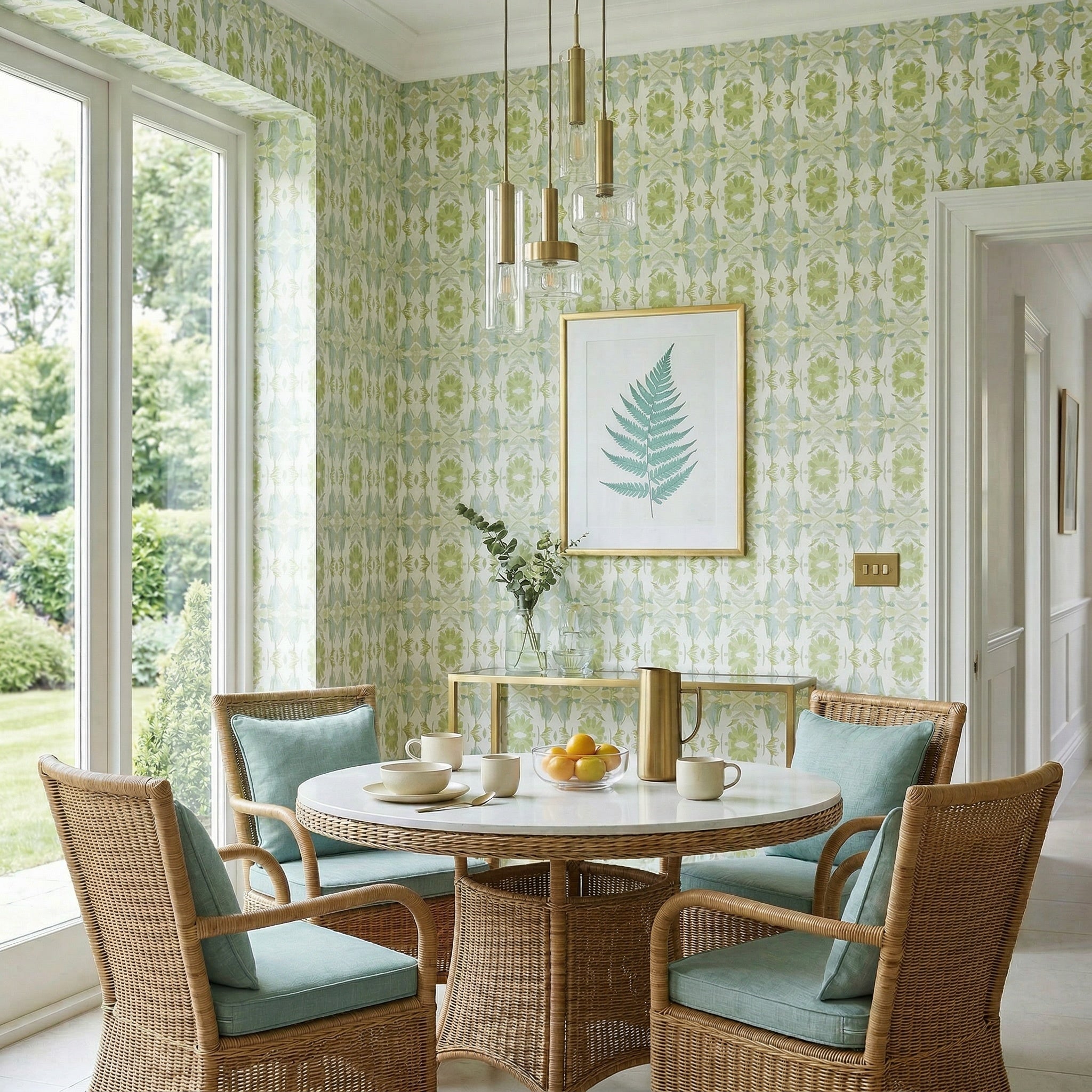 Wildflowers I White & Apple Green luxury wallpaper featuring an abstract floral pattern on a soft white ground with fresh apple green tones, sustainably printed in England for luxury homes, designer-curated interiors, powder rooms, bedrooms, and thoughtfully layered living spaces.