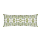 Luxury white and apple green bolster pillow with abstract floral pattern and small-scale repeat, handcrafted in England for layered contemporary and traditional interiors.