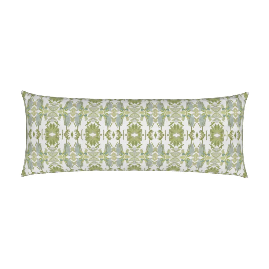 Luxury white and apple green bolster pillow with abstract floral pattern and small-scale repeat, handcrafted in England for layered contemporary and traditional interiors.