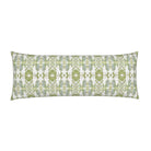 Luxury white and apple green bolster pillow with abstract floral pattern and small-scale repeat, handcrafted in England for layered contemporary and traditional interiors.