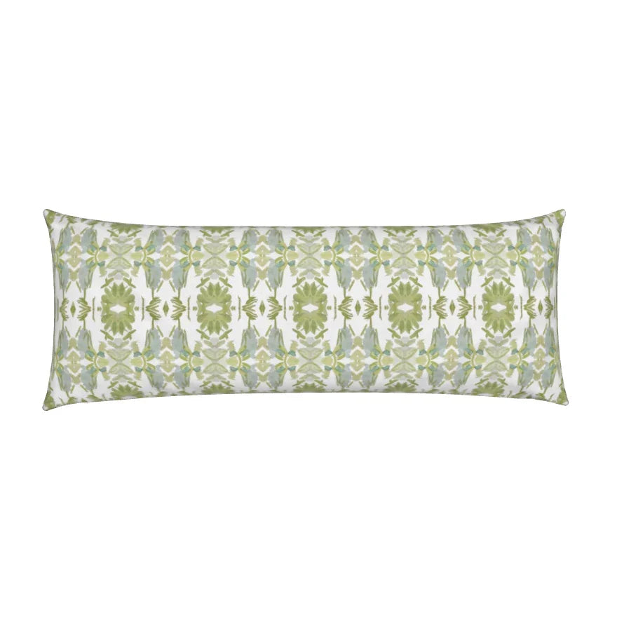 Luxury white and apple green bolster pillow with abstract floral pattern and small-scale repeat, handcrafted in England for layered contemporary and traditional interiors.
