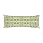 Luxury green abstract floral bolster pillow with a delicate small repeat botanical pattern, designed for layered beds and collected modern traditional interiors.