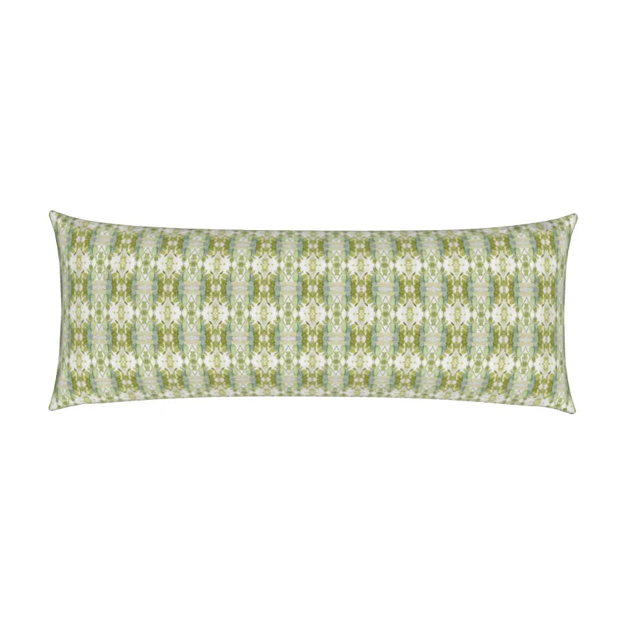 Luxury green abstract floral bolster pillow with a delicate small repeat botanical pattern, designed for layered beds and collected modern traditional interiors.