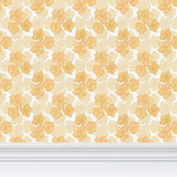 Luxury yellow floral wallpaper featuring the Trois Fleurs pattern, a non-directional botanical design ideal for walls, ceilings, breakfast rooms, powder rooms, and modern traditional interiors.